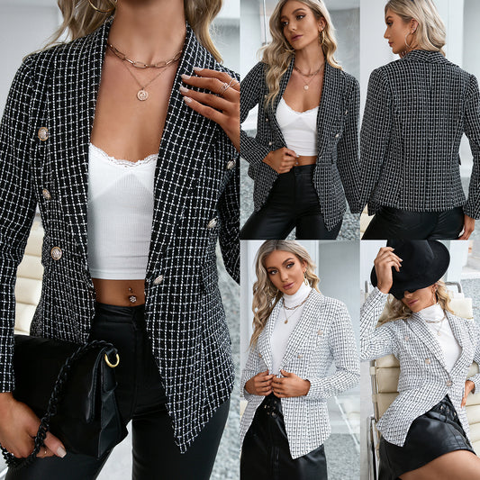 Women's Double-breasted Commuter Coat Jacket With Checkered Slim Fit Suit